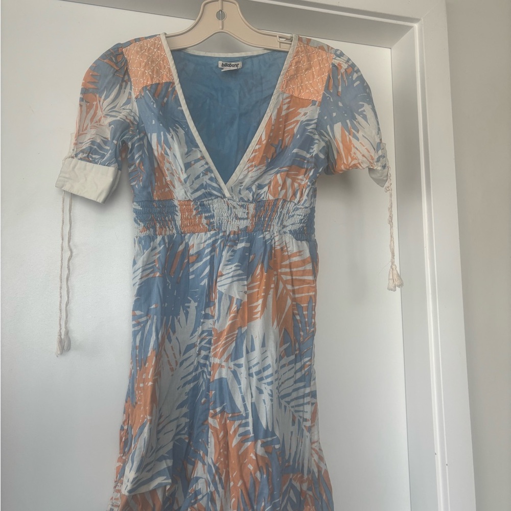 Billabong Blue and Orange Puff Sleeve Midi Sundress